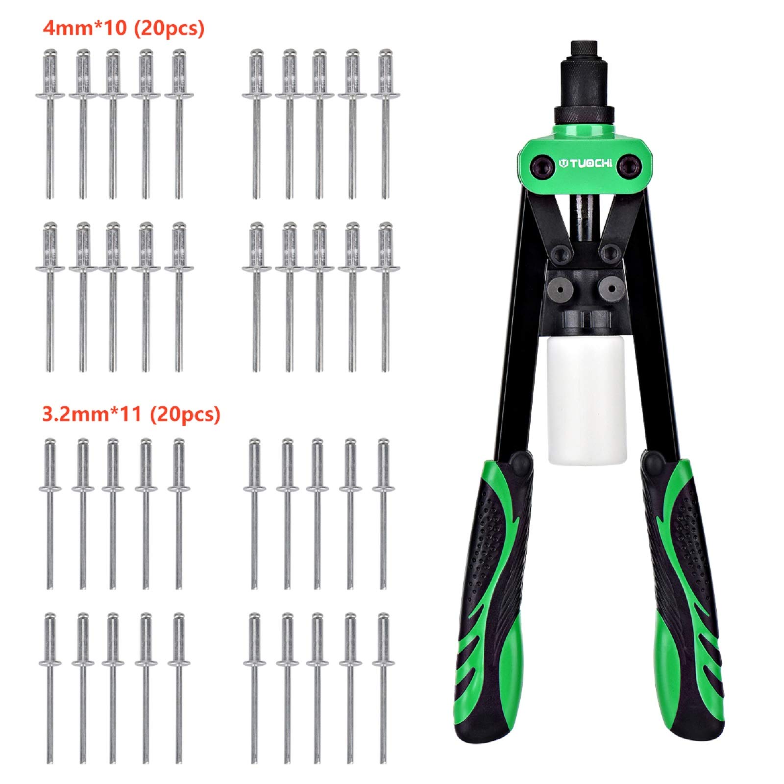 Rivettatrice Manuale Pistola per Rivetti Professionale 13" Pinza per Rivetti Kit con 40 Rivetti da 3,2mm/4,0mm