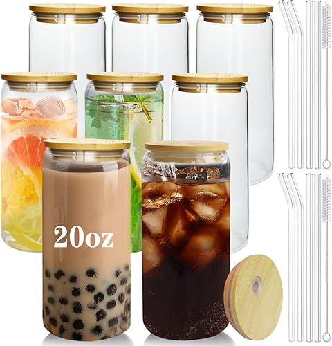 LMHEJING 8 vasos de 20 onzas con 8 popotes de vidrio reutilizables vasos de vidrio reutilizables para cerveza pop o café helado 8 unidades 20 onzas