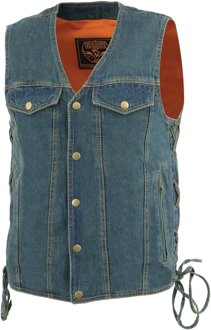 Milwaukee Leather DM1360 Men's Classic Blue Denim Motorcycle Biker Riders Vest w/Adjustable Side Laces