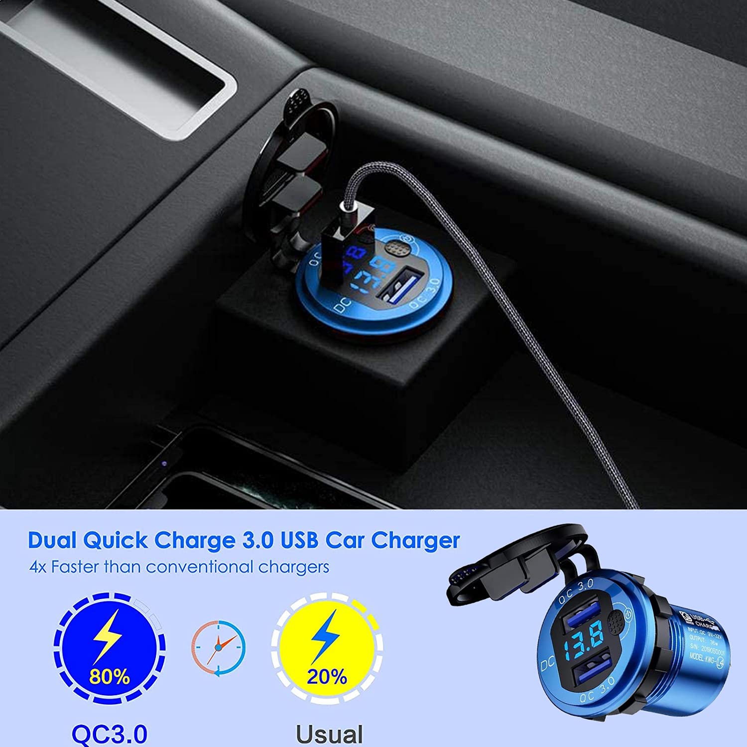 Thlevel 2PCS QC3.0 Toma USB Coche 12V / 24V Cargador Rápido De Coche