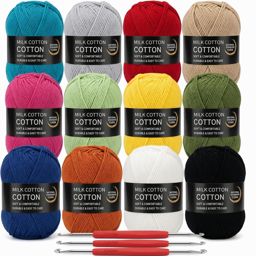 12 Pcs Milk Cotton Yarn Kit, 4 Ply Crochet Yarn with Crochets Hooks