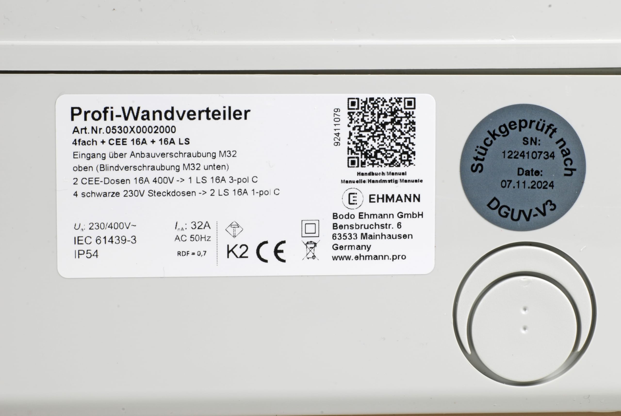 EHMANN PROFI Wandverteiler, M32 Eingang für Kabel, mit Leitungsschutzschaltern, Made in Germany, 6 Ausgänge (2 x CEE 16 A / 4 x 230 V~), K2, BGI-GUV-I608