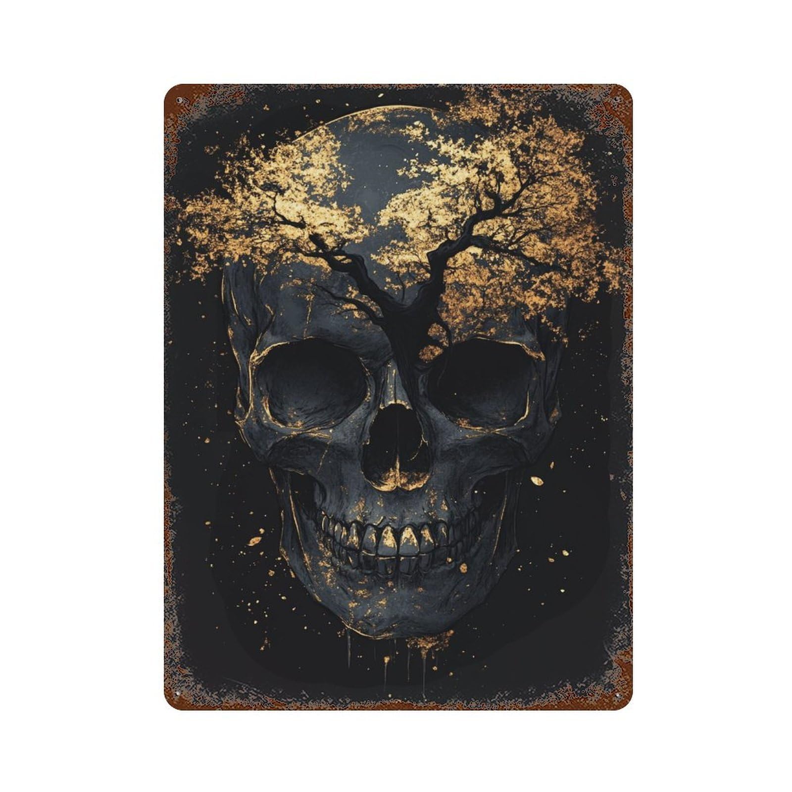 Rust Effect Golden Tree Skull Art Print Rustic Tin Plaque 15.7"x11.8", Industrial Home Decor for Bistro, Counter And Cafe Decor