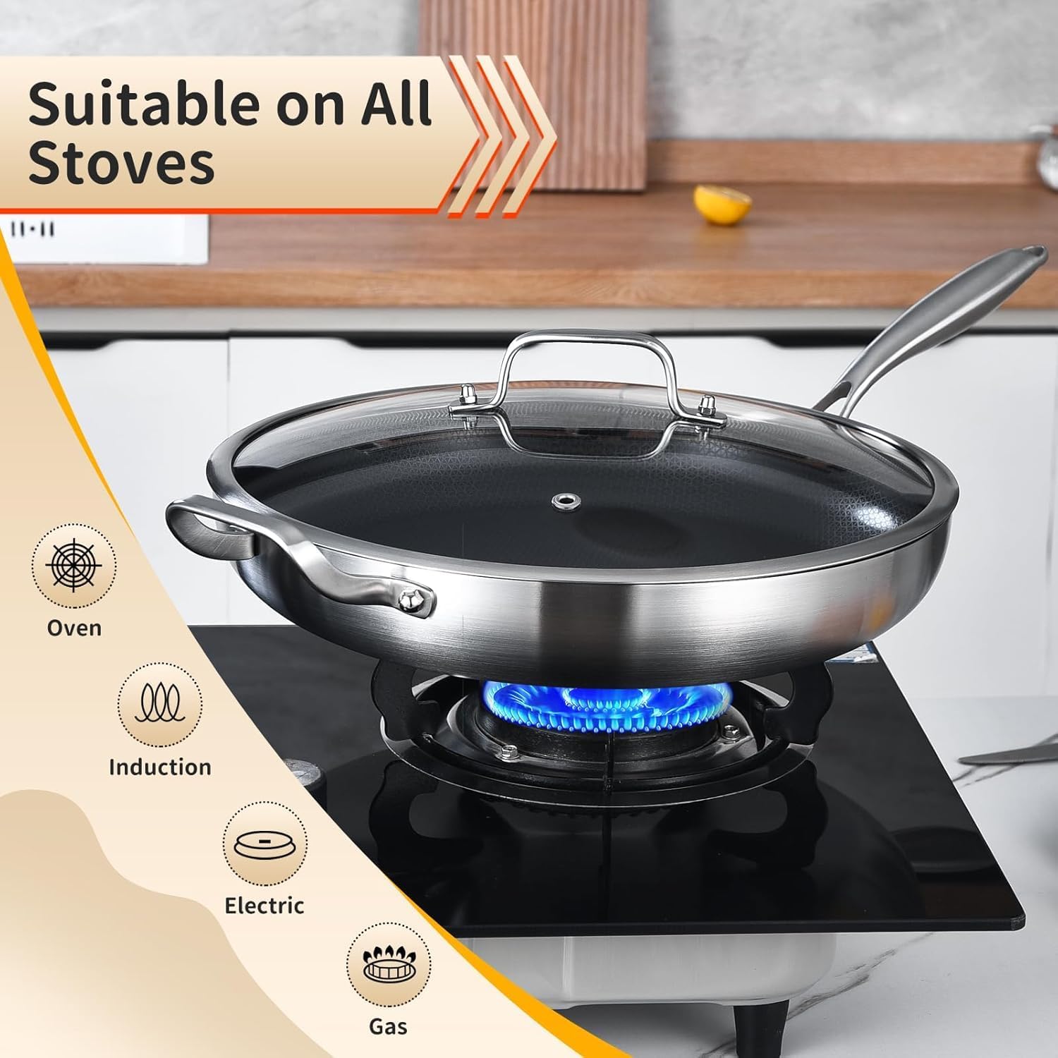 Inqibee 14.5-Inch Hybrid Ceramic Nonstick Tri-Ply Stainless Steel Frying Pan with Lid, Large Skillet,Induction Chef's Cooking Pan,Dishwasher and Oven Safe