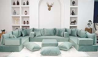 8" Thickness U Shaped Floor Seating Sofas, Sectional Sofa Covers, Water Green Luxury Velvet Floor Sofa, Moroccan Livingroom Sofa Set, Arabic Seating Couch (U Sofa + Ottoman + Pillows)