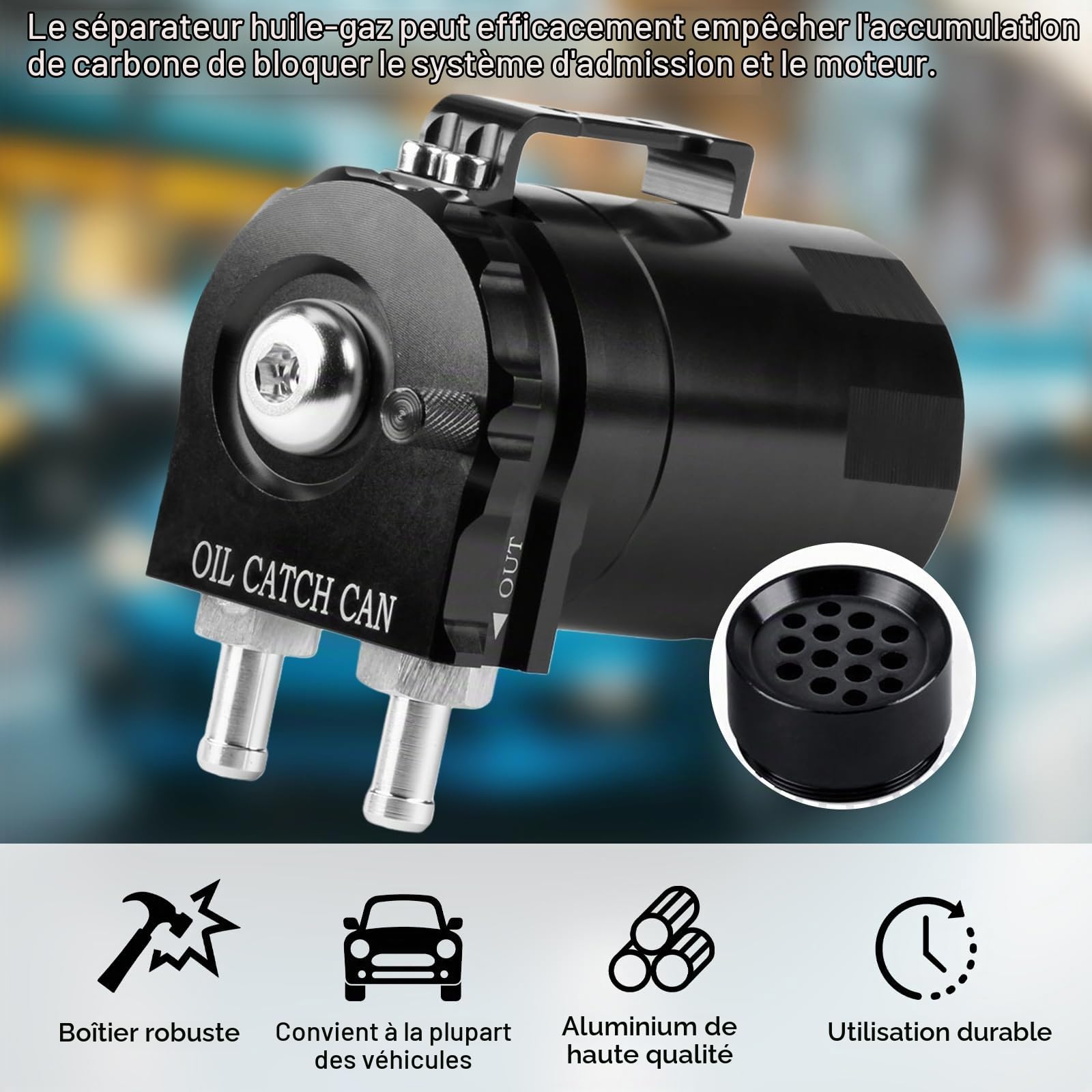 Récupérateur huile moteur, universel oil catch can, 300ml réservoir de récupération en aluminium des vapeurs d'huile moteur Réservoir de Stockage D'huile avec filtre à air, tuyau et accessoires