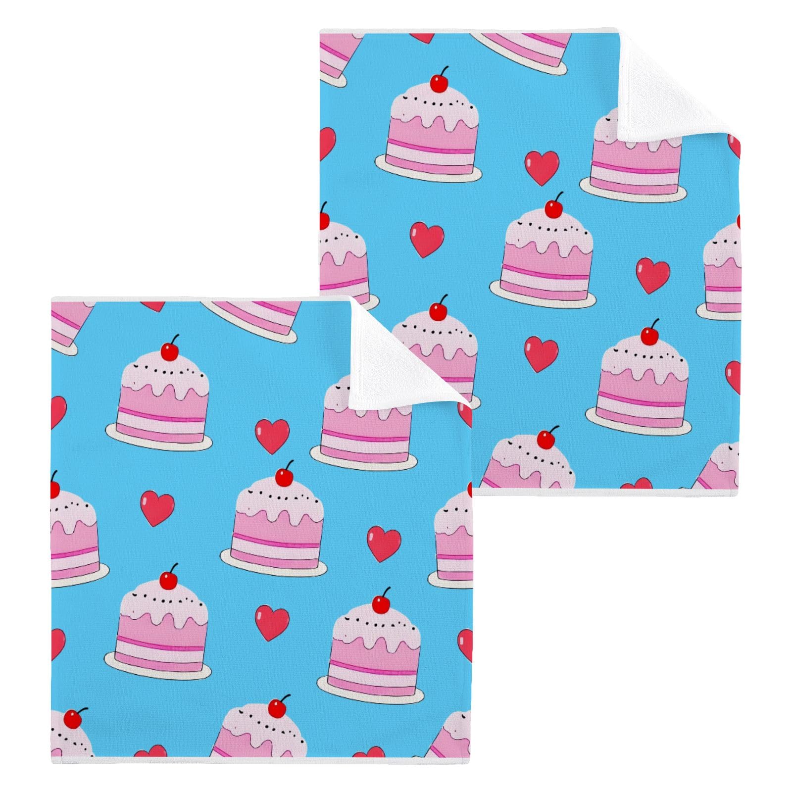 ALAZA Wash Cloth Set 100% Cotton Fingertip Towels Face Cloths Sets Cherry Cake Blue Highly Absorbent Soft Feel Set of 2