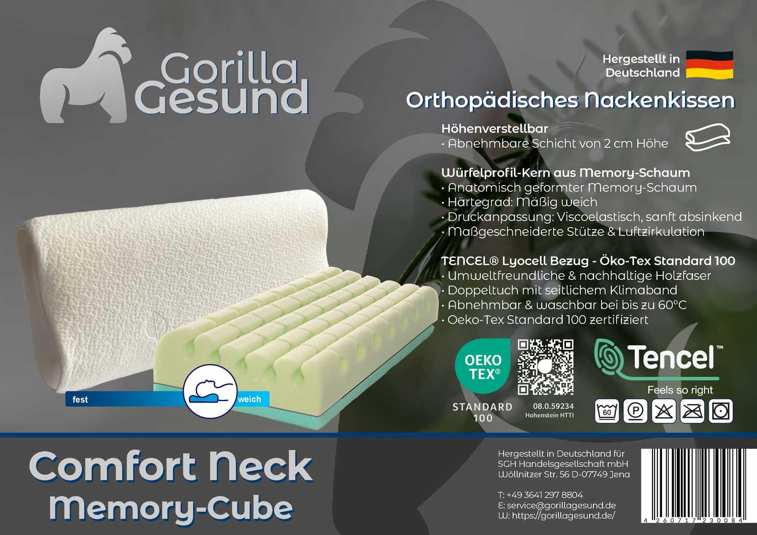 Cuscino cervicale ortopedico in memory foam, profilo cubico, altezza regolabile con strato rimovibile