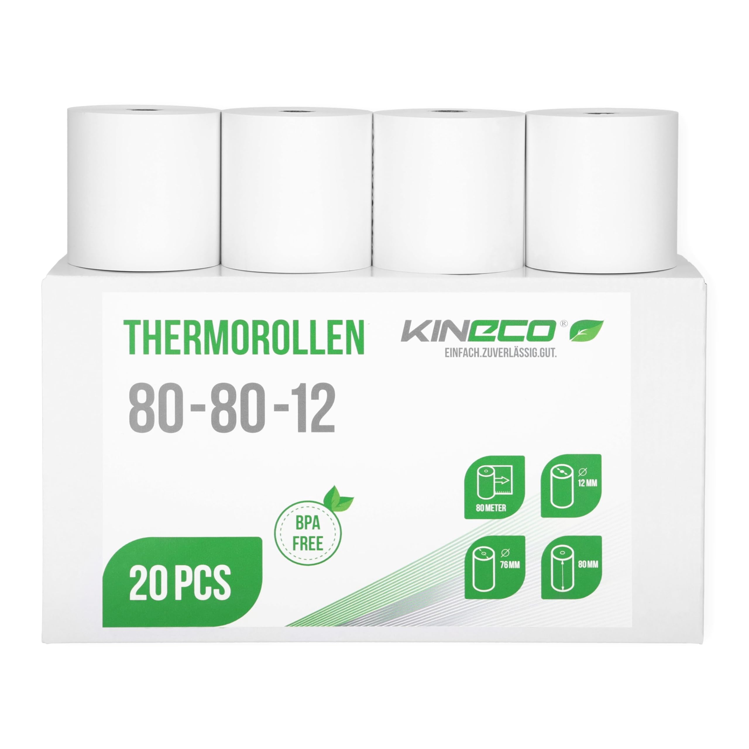 Kineco Kassenrollen 80mm x 80m x 12mm - Thermorollen, Thermopapier, Bonrollen (80x76x12) 20 Rollen
