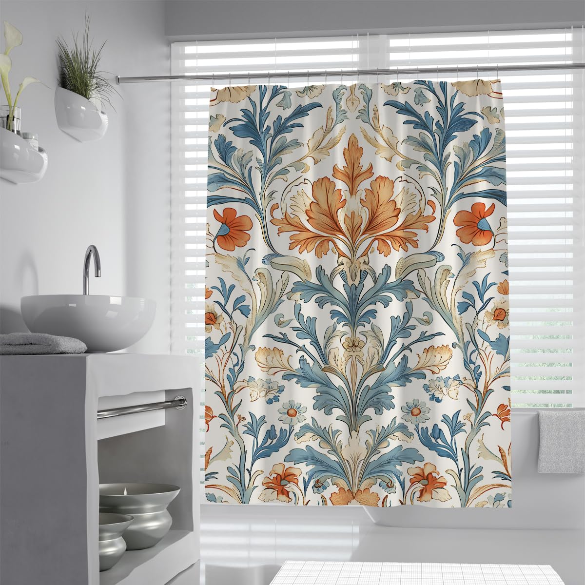 OLLIAR Home Vintage Boho Floral Shower Curtain -Blue Orange Rustic Farmhouse Flower Shower Curtain Set Cute Botanical Aesthetic Bathroom Accessories 150x180