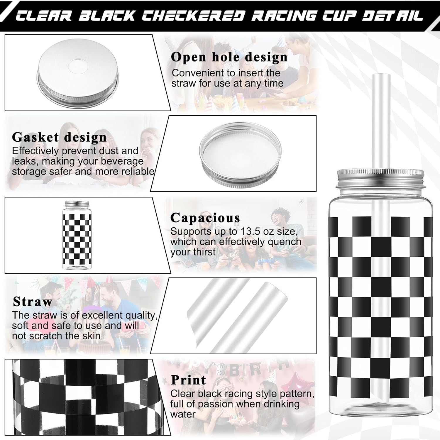 Patelai 12 Pack Race Car Cups 13.5 oz Plastic Tumbler with Lid and Straw Checkered Flag Party Supplies Clear Black Plaid Cups for Race Car Birthday Sports Themed Party Supplies - Image 4