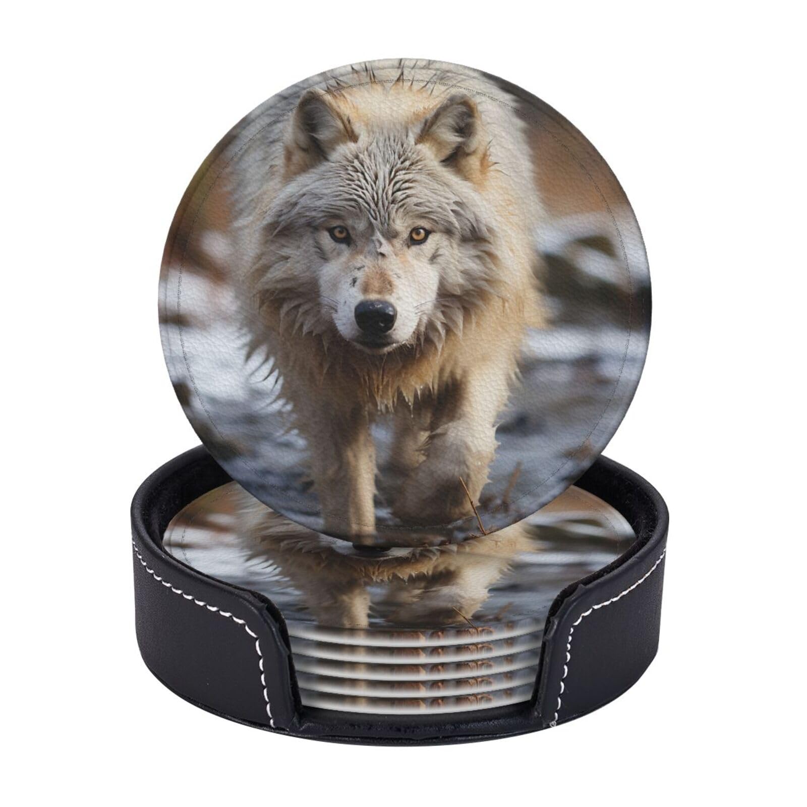 Round Coasters for Drinks Set of 6 - PU Leather Coasters with Holder - Modern Drink Coasters for Coffee Table - Walking Wolf Coaster for Tabletop Protection 4" Cup Mat Pad