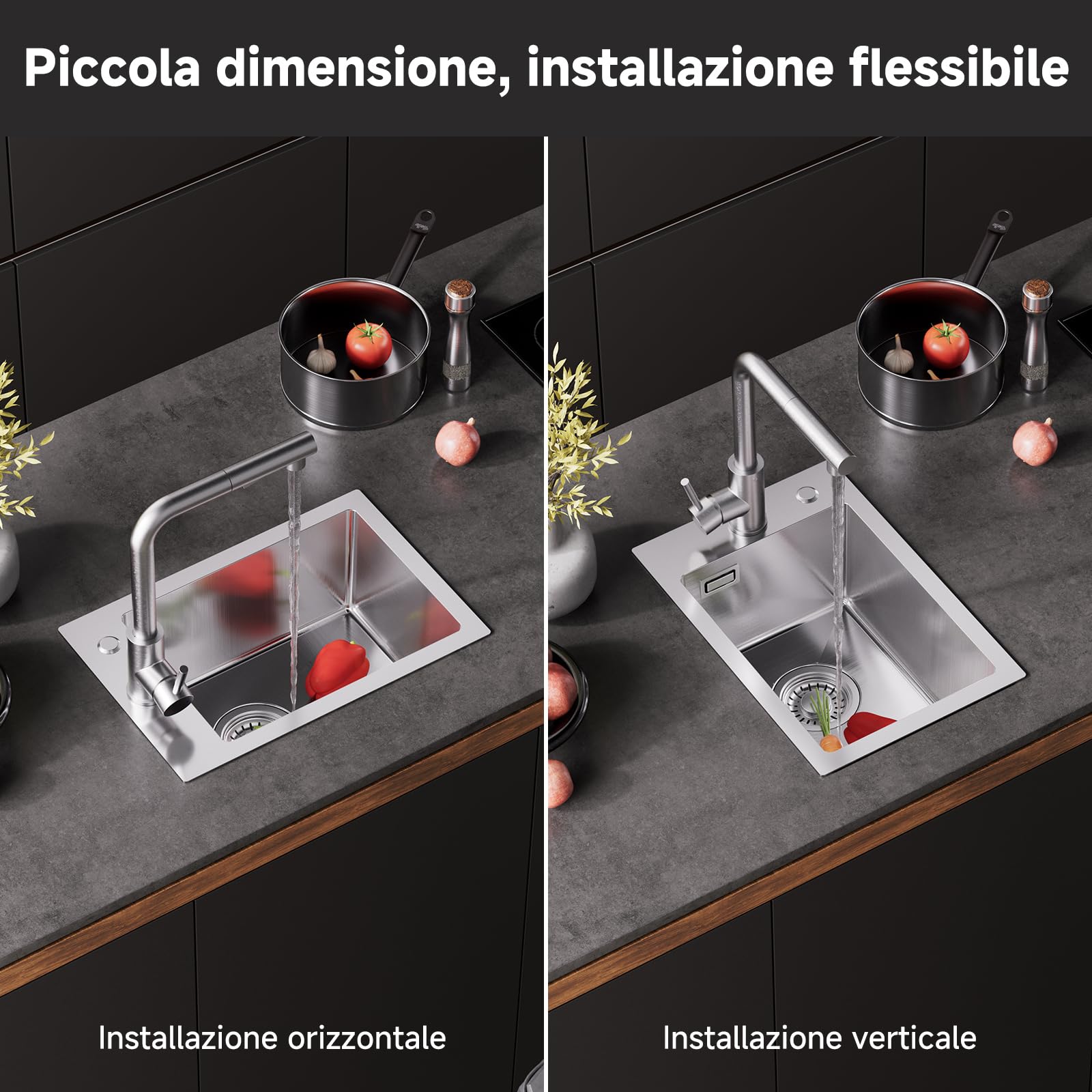 CECIPA Lavello Cucina 1 Vasca 30 x 45cm, Lavandino Cucina in Acciaio Inox quadrato, Lavabo Piccolo Montaggio Incasso o Superiore, Superficie Spazzolata, con Sifone