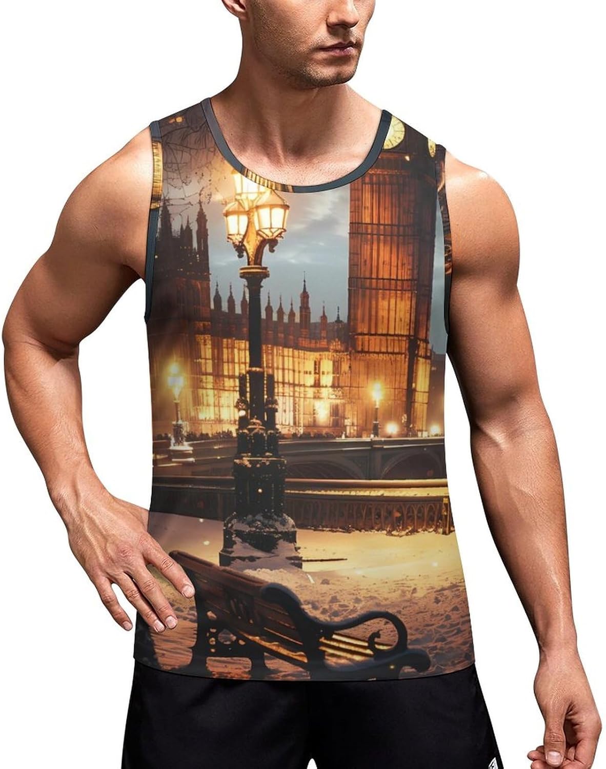 Big Ben in Christmas London England UK Men's Tank Top Sleeveless Muscle Shirts Vest Beach T Shirts for Workout Gym