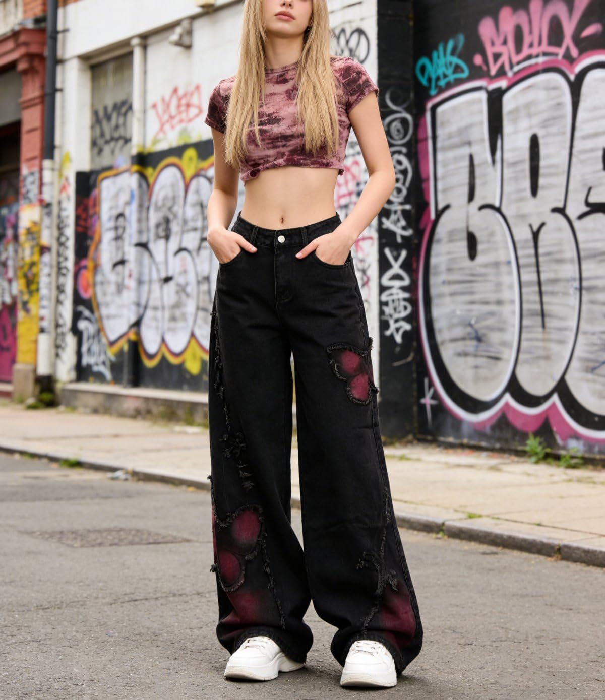 Y2K Baggy Ripped Jeans for Women – Wide Leg Butterfly Print & Star Patch Distressed Denim Pants High Waist Streetwear - Image 3