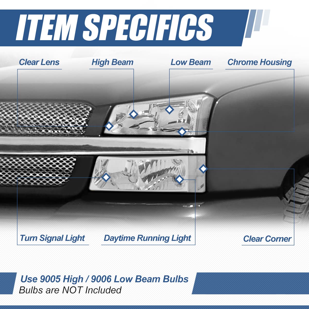 Auto Dynasty 4pcs OE Style Headlights Assembly Headlamp with Bumper Lamps Compatible with Chevy Silverado Avalanche 03-07 (Non Factory Cladding), Driver and Passenger Side, Chrome Housing Clear Corner