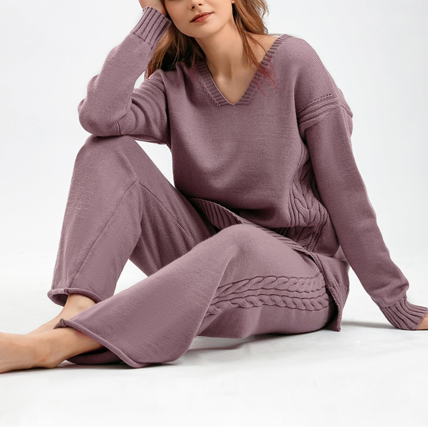 Ensemble de costume tricoté pour femme, ensembles de tenues de jogging 2 pièces, pull tricoté + pantalon large, combinaison de sport, survêtement, ensemble de vêtements de détente tendance