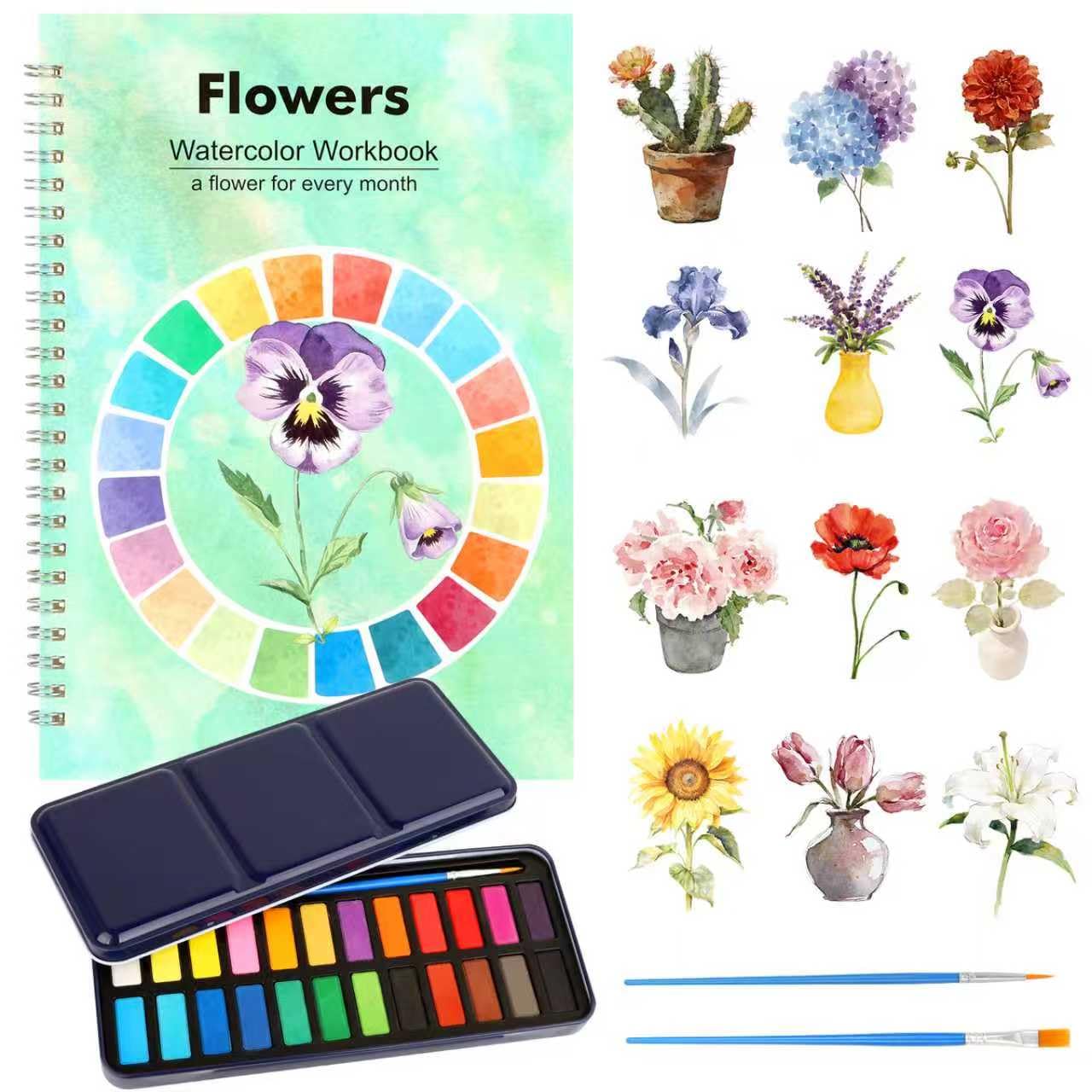 Floral Watercolor Workbook for Beginners with 24 Colors Paint Set – Water Coloring Book with 12 Flower Designs, Step-by-Step Painting Guide, Relaxing Watercolor Workbook Art Kit for Adults Teens
