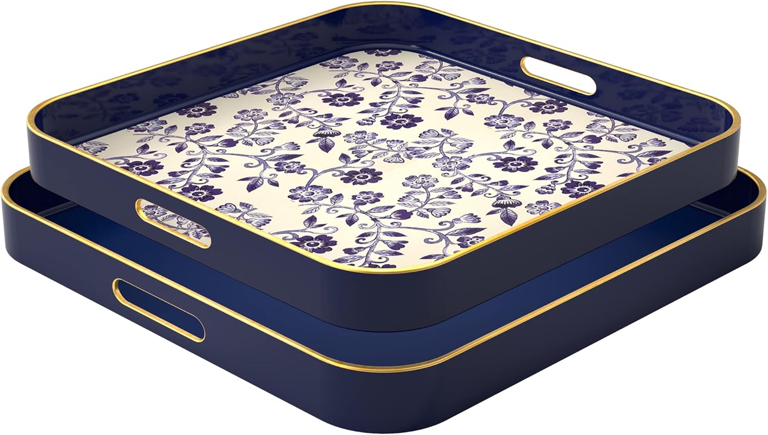American Atelier 2-Piece Square Decorative Trays | Serving Tray with Handles | Trays for Serving Food, Coffee, Tea, and More | Coffee Table Tray in Blue and Floral Design with Gold Rim