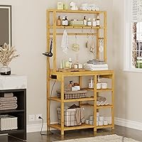 Vista 6 de Estante para panaderos con tomas de corriente, soporte para microondas de 8 niveles, estante de almacenamiento de cocina con 10 ganchos