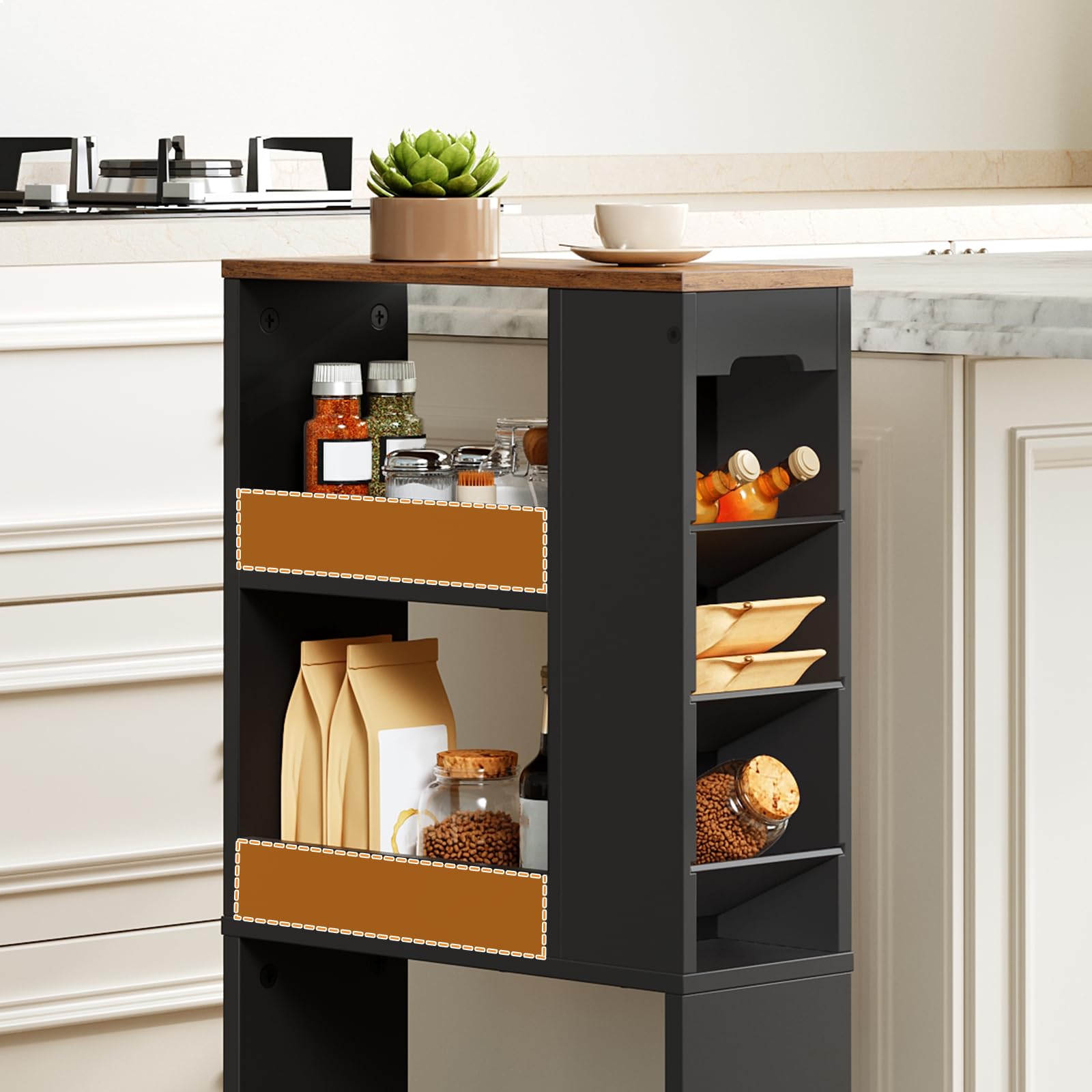 HOOBRO Carro Estrecho de 4 Niveles, 40 x 15 x 85,5 cm, con 4 Ruedas Giratorias Bloqueables, para Espacio Pequeño, Cocina, Baño, Sala de Estar, Negro y Marrón Rústico EBF84TC01