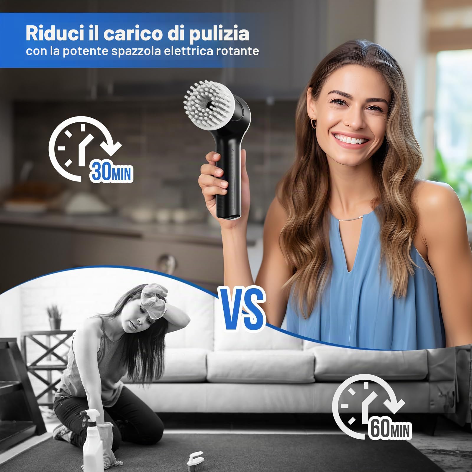 Detergente elettrico, pulitore rotativo con indicatore di livello della batteria, lavatrice elettrica a 2 velocità, pulizia con 6 testine sostituibili, spazzola elettrica per pulizia