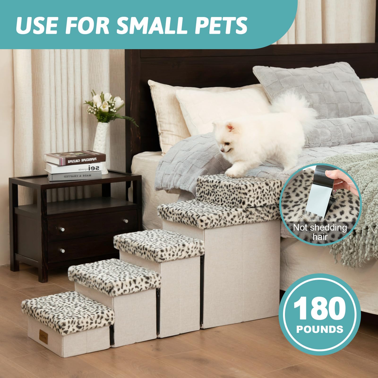 COZY KISS Scale per Cani di Piccola con Scatole Portaoggetti, Scale per Animali Pieghevoli per Letto, Divano e Sedia, Durevole, Fino a 80 kg (Leopardo, 33x101x54cm, 5)