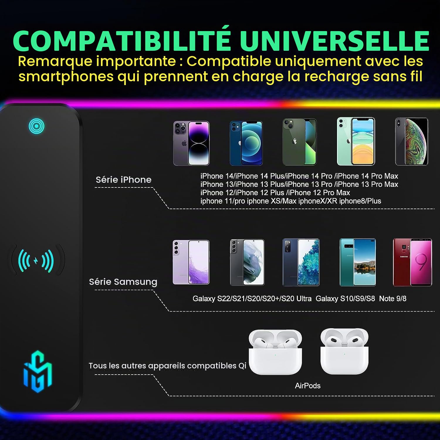GIM 10W Wireless Charger Extended RGB Mouse Pad, antidérapant Base en Caoutchouc 10 Modes d'éclairage 4 mm Ultra épais pour Samsung Galaxy S10/S9/S8 Plus Note 9/8 iPhone 8/X/XR/XS/11/11 Pro