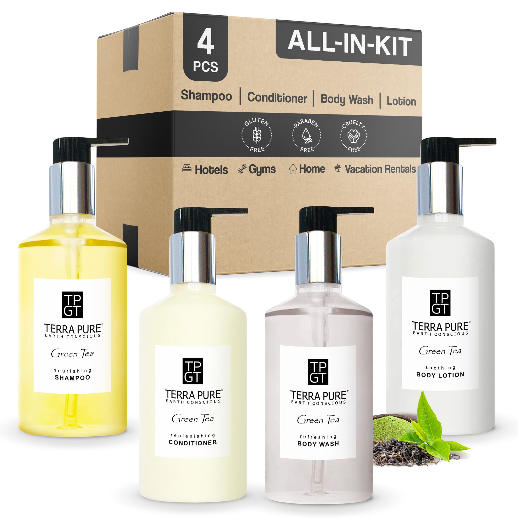 1-Shoppe Terra Pure Ecobox Amenities Kit | Green Tea Soap | Shampoo, Conditioner, Body Lotion, Body Wash | 10.14 oz | Hotel Toiletries Bulk