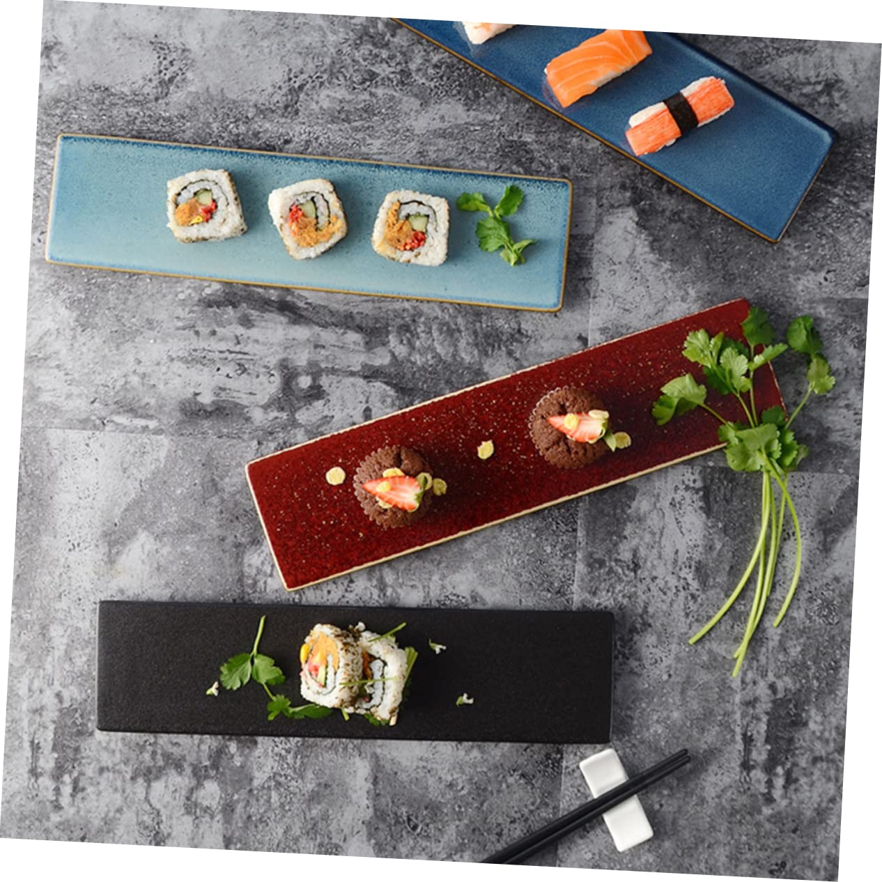 TOPBATHY Assiette à Sushis Bleu Rectangulaire Style Japonerie en Céramique | Format Créatif, Usage Hôtels et Restaurants, Plat de Présentation pour Sashimi et Service de Table