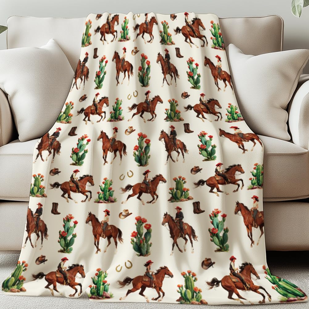 GLOBLELAND Western Cowboy Throw For Women Men 59×51 inch Cactus Horseshoe Cowboy Hat Soft Cozy Flannel Blanket Washable Fuzzy Throw Blanket for Home Office Room Bed Sofa Chair Gift