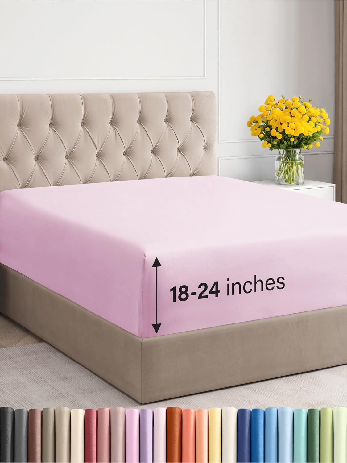 Extra Deep Queen Fitted Sheet - Hotel Luxury Single Fitted Sheet Only - Easily Fits 18 inch to 24 inch Mattress - Ultra Soft, Wrinkle & Fade Free w/Extra Deep Pocket - Breathable & Comfy - Light Pink Queen 34 - Light Pink