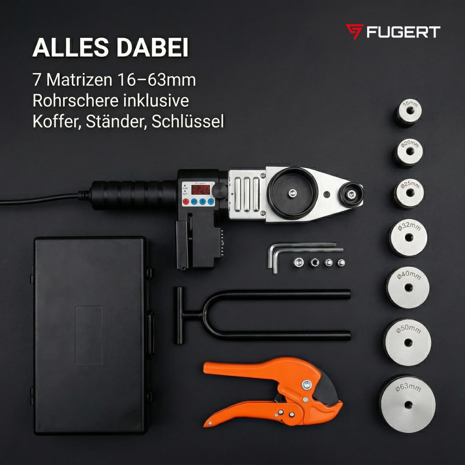Muffenschweißgerät für PP/PVC Rohre, Profi Rohrschweißgerät mit Digitalanzeige, 2800W - Digital 0-320 °C, 7 Aufsätze Ø16-63 mm, inkl. Rohrschere & Koffer, für Heimwerker & Profis