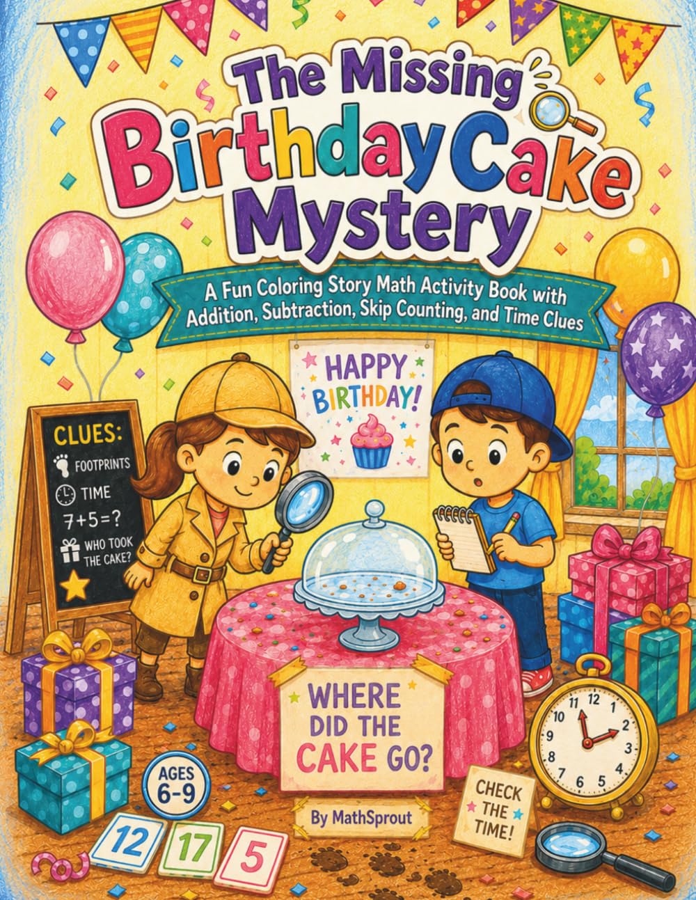 The Missing Birthday Cake Mystery: A Fun Coloring Story & Math Activity Book with Addition, Subtraction, Skip Counting, and Time Clues, for Ages 6-9