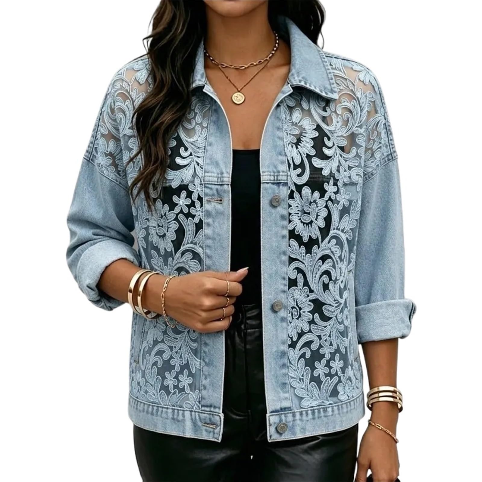 Giacca di Jeans Donna Capispalla corto con giacca a maniche lunghe in denim patchwork ricamato in pizzo floreale trasparente Per uscire