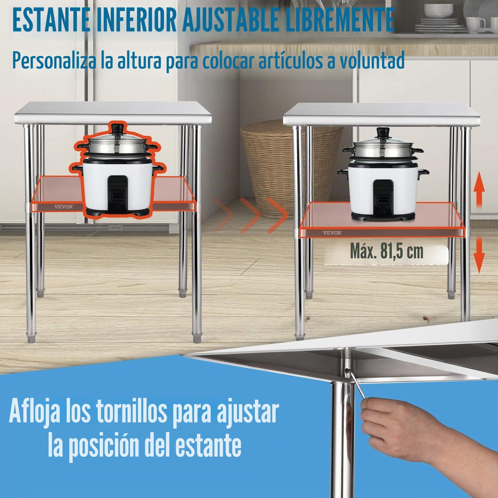 VEVOR Mesa de Trabajo de Acero Inoxidable 76 x 76 x 91 cm Mesa de Preparación de 2 Niveles Carga de 362 kg Mesa de Cocina Estante Ajustable en Altura para Cocina Restaurante Bar Garaje al Aire Libre
