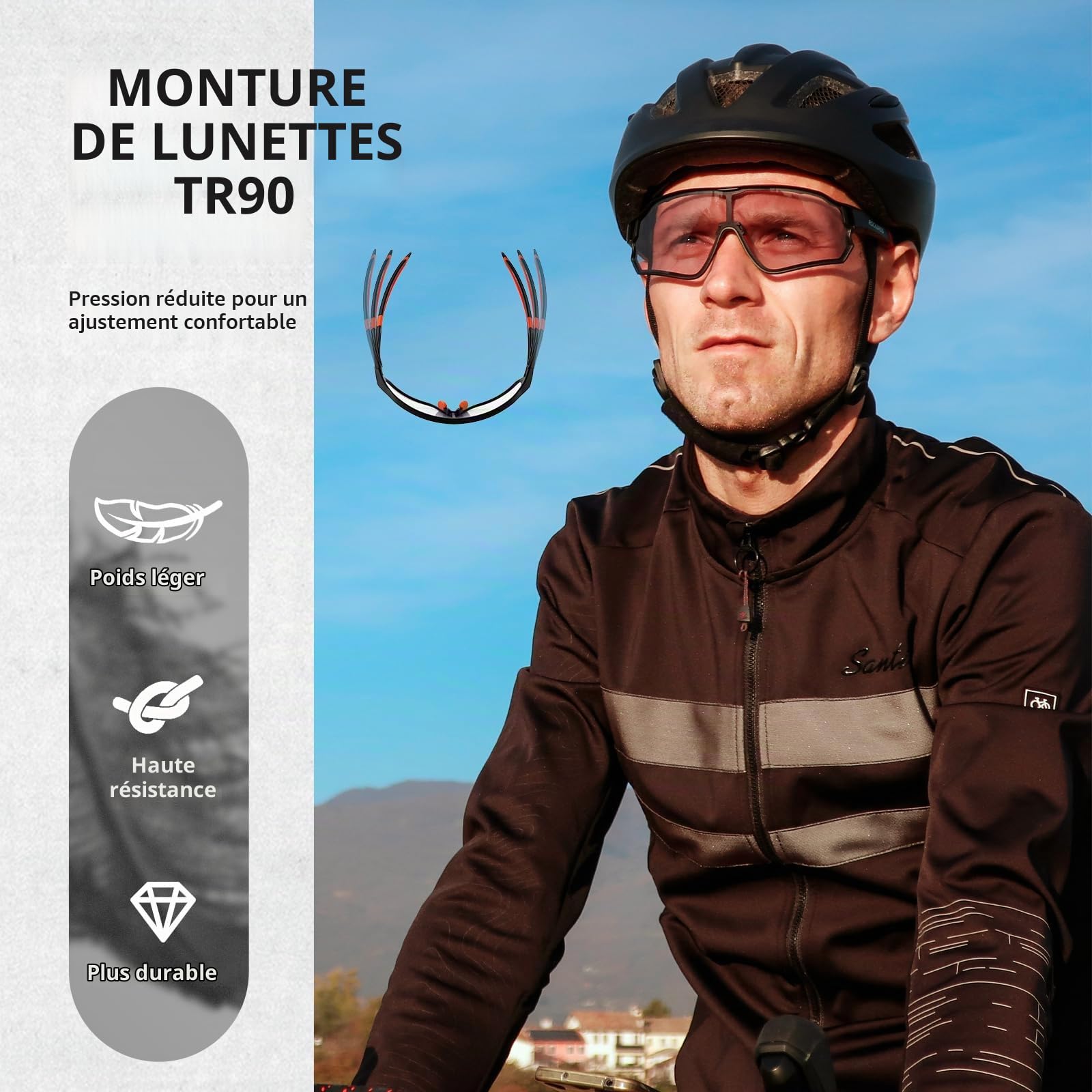 ROCKBROS Lunettes Vélo Hommes Photochromiques, Lunettes de Soleil Photochromiques Cyclisme Hommes Femmes Transparantes Anti-UV400 pour Sport VTT Baseball Pêche Ski Course, Noir