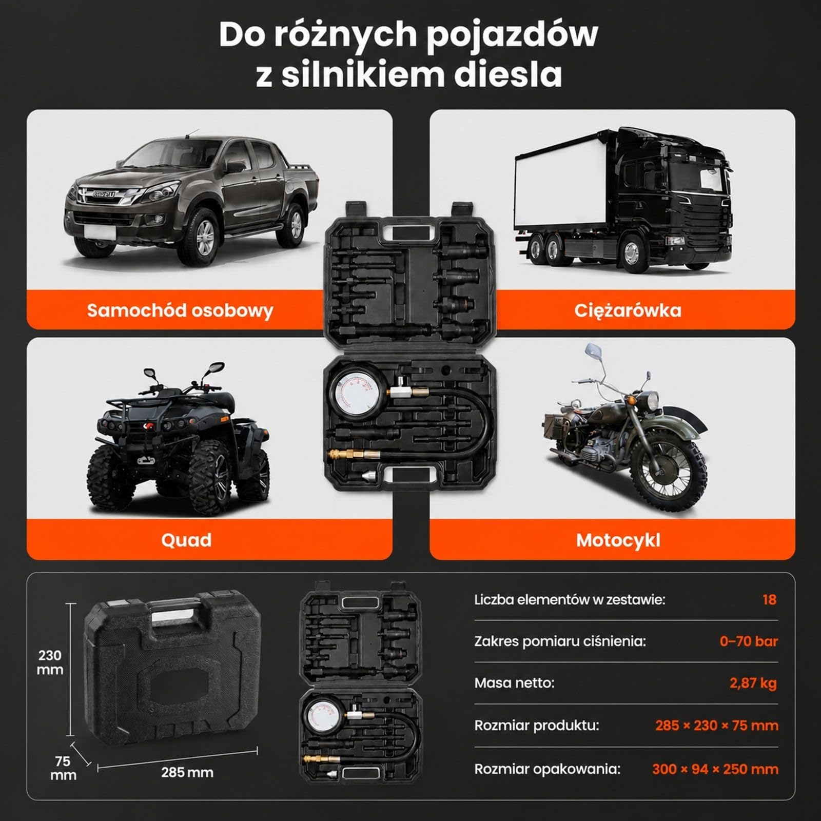 Zestaw testera kompresji z manometrem, przewodem i 4 adapterami do pomiaru cylindrów