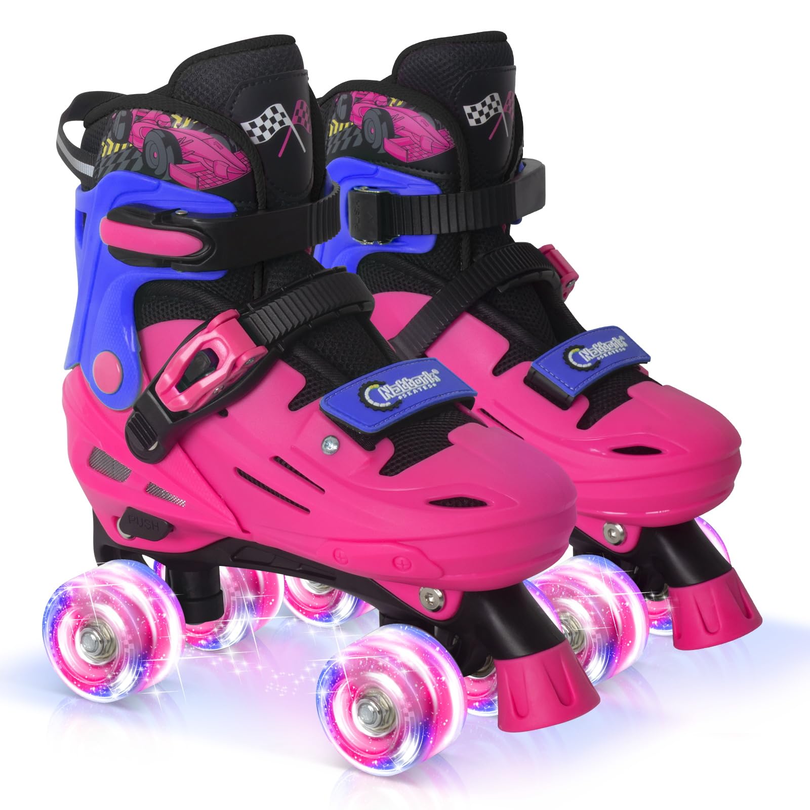 Nattork Kids Adjustable Roller Skates for Boys Girls Teens Ages 4-16, Indoor Outdoor Quad Skates with Car Design, Gift for Birthday Christmas