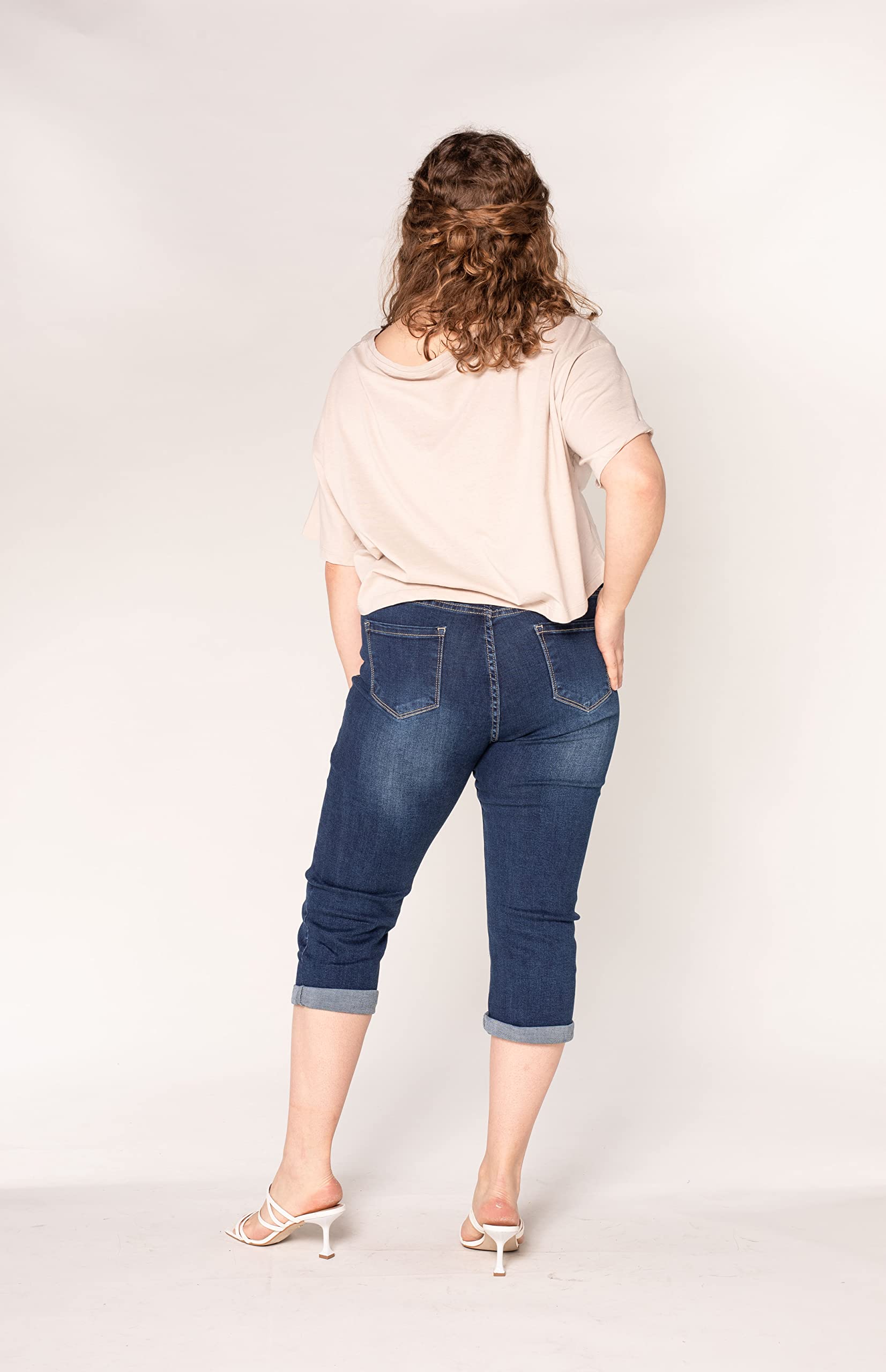 Nina Carter P200 Jean Capri Femme Grande Taille Stretch Taille Haute Jean 3/4 Style Décontracté Usé Pantacourt d'Été Élastique