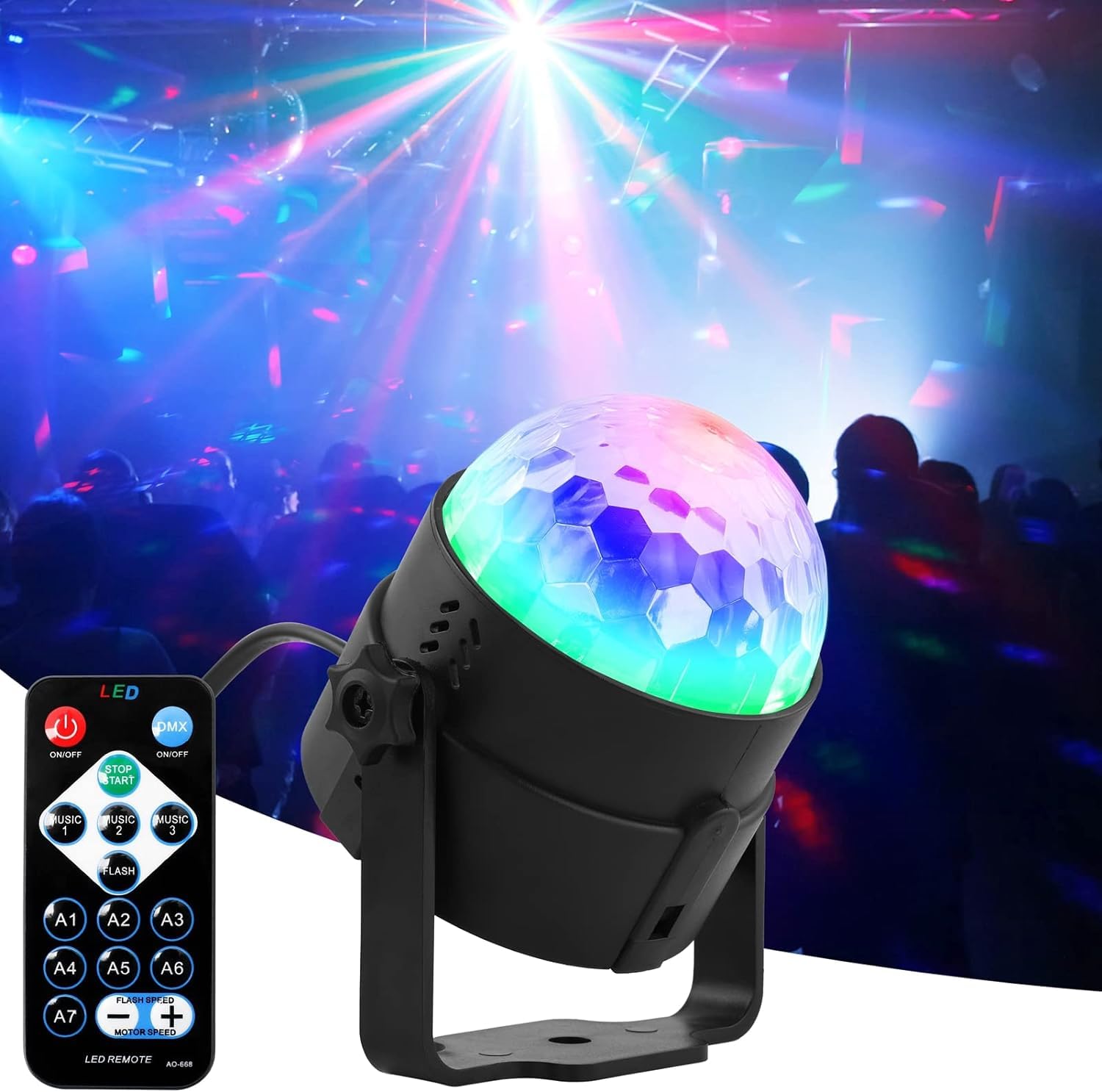 Disco Ball Party Light, Sound Activated Party Lights with Remote Control Dj Lighting, Rotating Disco Ball Light for Party Birthday Christmas Decorations