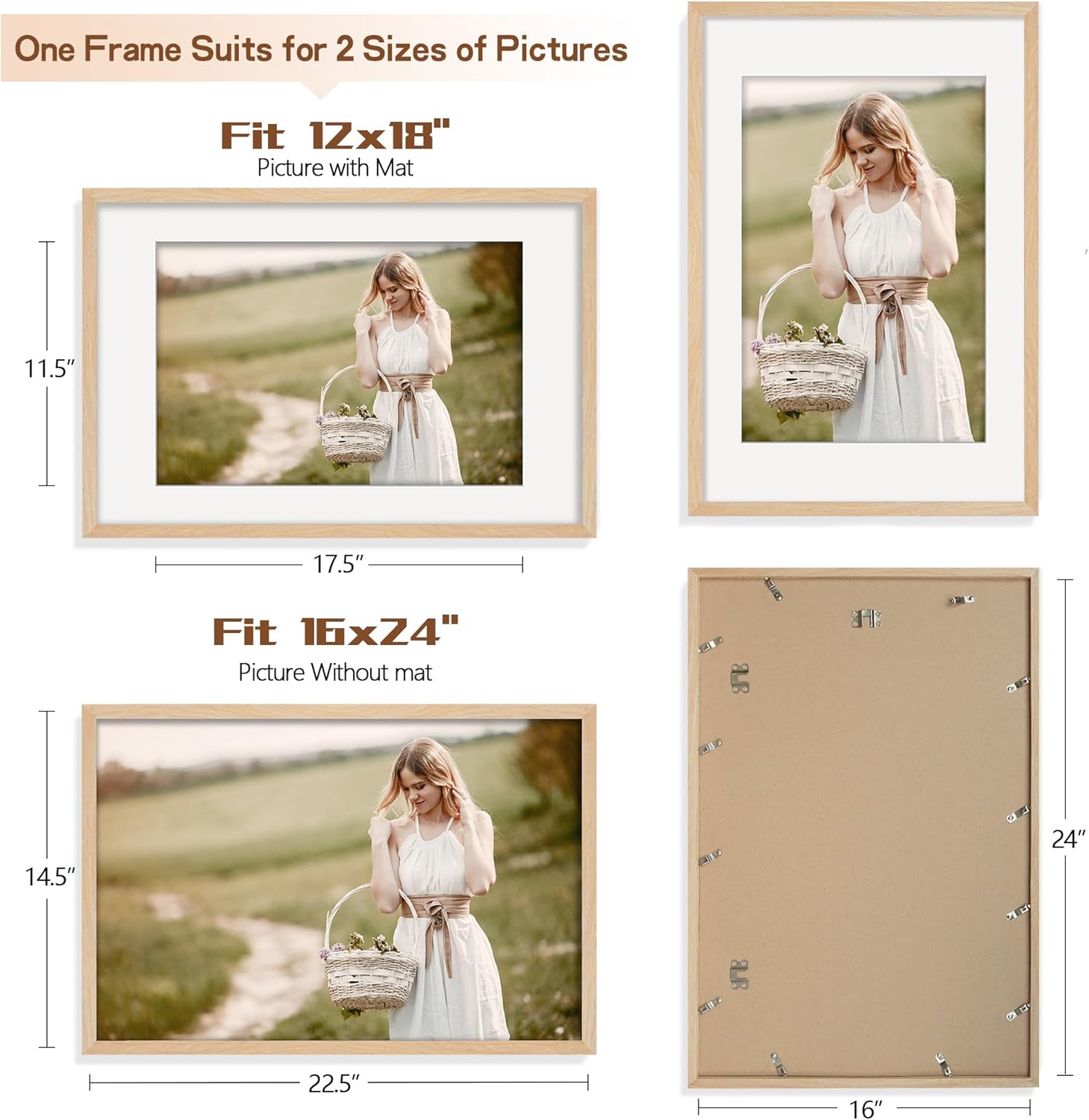 16x24 Solid Wood Poster Frame, Natural Wood Picture Frame with Paper Mat, Display picture 12x18 with mat or 16x24 without Mat, Set of 2 Oak Wood Grain Picture Frame