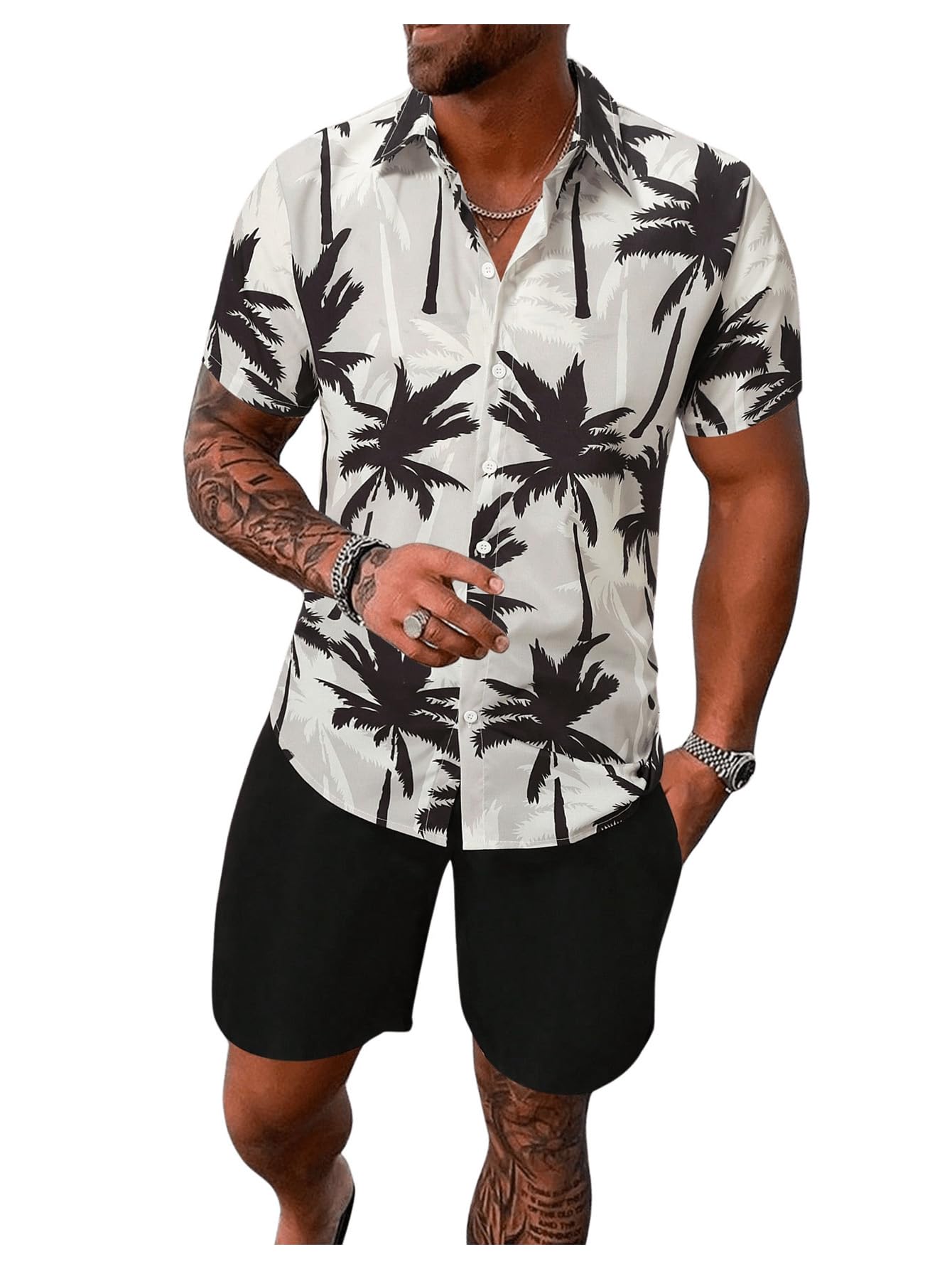 SOLY HUX Men's 2 Piece Outfits Tropical Print Short Sleeve Button Down Hawaiian Shirt and Shorts Set