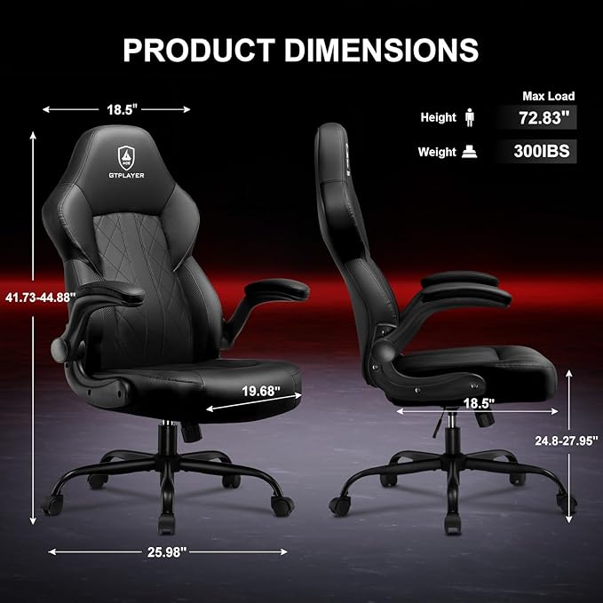 GTPLAYER Video Gaming Chair, Ergonomic Computer Gaming Chair with Flip-Up Armrests and Adjustable Height, Comfortable Desk Chairs with Built-in Lumbar Support, Recliner with 360°Swivel (Dark Black)
