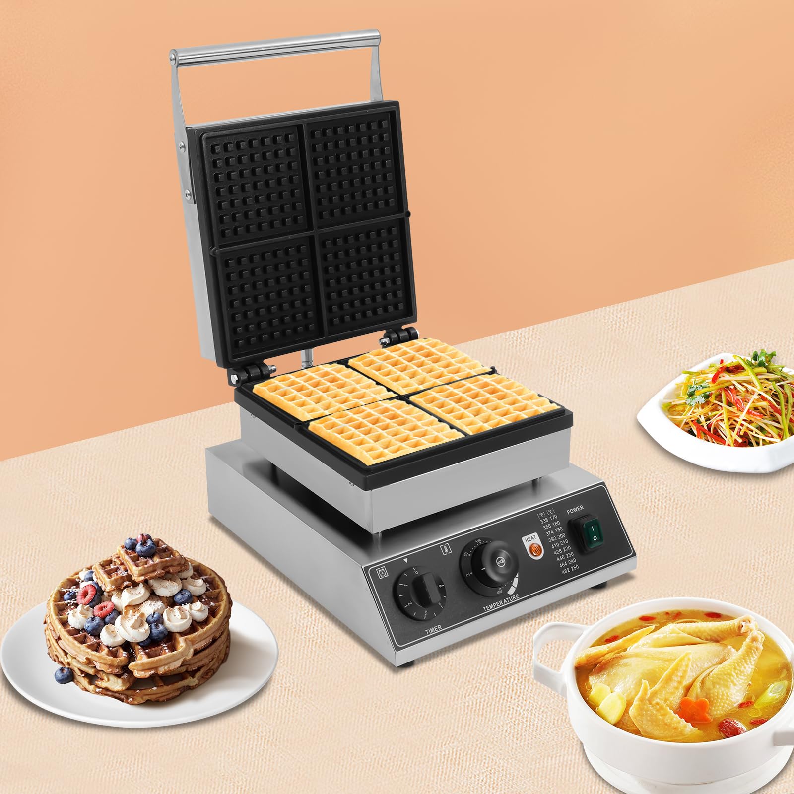 Piastra per waffle belga, macchina per waffle con anti-trabocco, per panini e cialde commerciali, griglia elettrica rettangolare, antiaderente, per waffle e panini