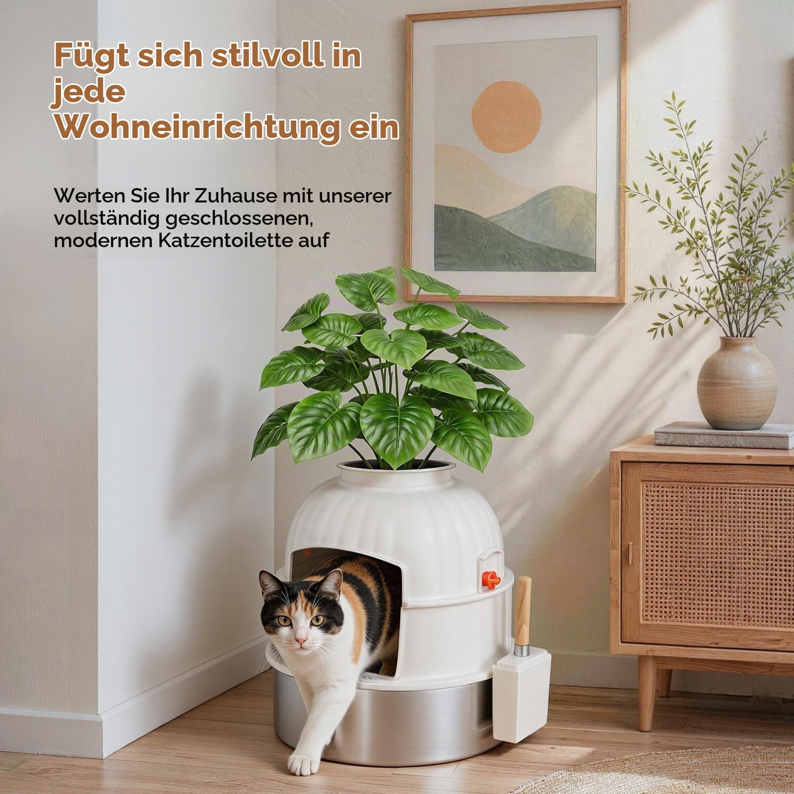 Katzenklo Edelstahl mit Pflanze & Schaufel, Versteckte Katzentoilette XXL Katzenklo Blumentopf mit Kohlefilter, Geruchsresistent & Leicht zu Reinigen, Cremeweiß