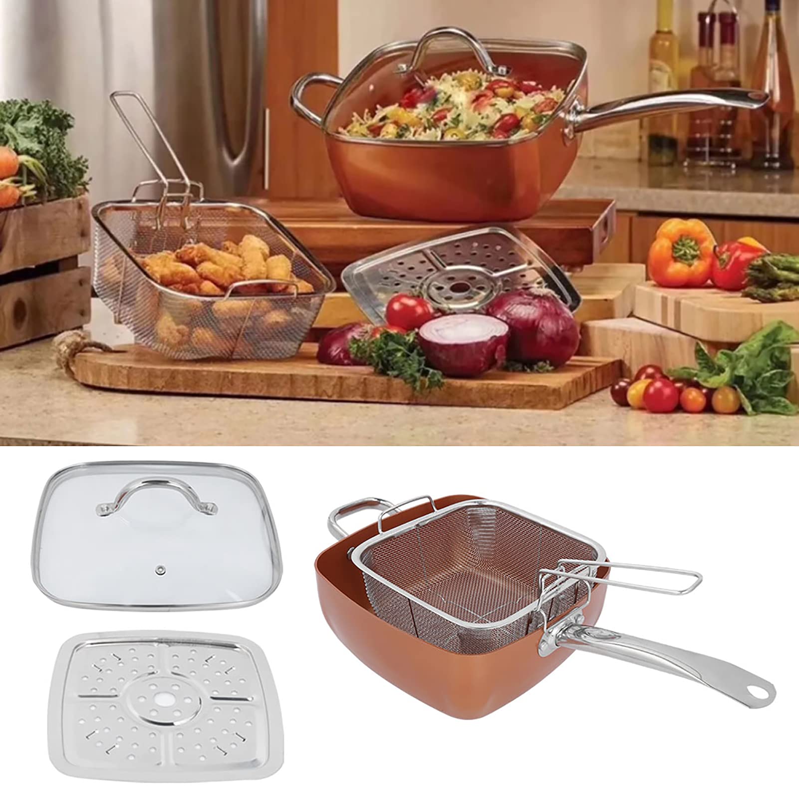 4 Unids/set Sartén antiadherente de acero inoxidable Cacerola Sartén cuadrada Cacerola multifuncional Suministros de cocina Electrodomésticos de cocina Suministros para el hogar Olla para estofado