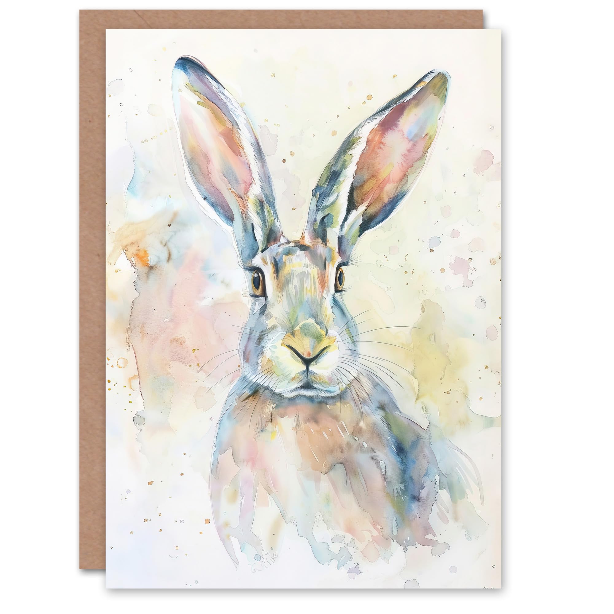 Artery8 Greeting Card Colourful Bunny Rabbit Light Watercolour Painting Blank For All Him Or Her Art Birthday Card