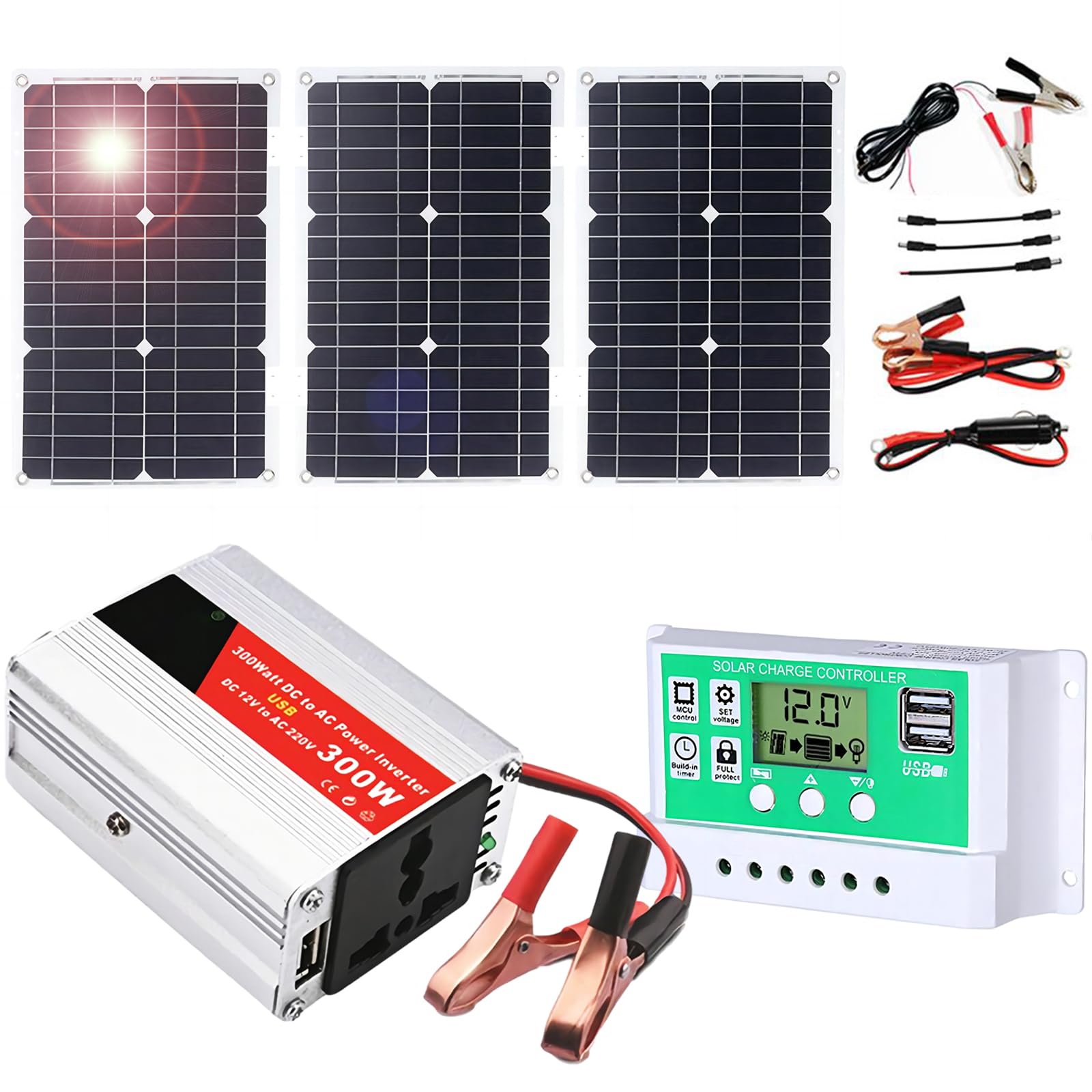 Wohnmobil-Solarstrom-Set, 300 W Wechselrichter + 50 W 18 V Panel mit 50 A Controller – Ideal for Wohnmobile/Boote/Camping(75W)