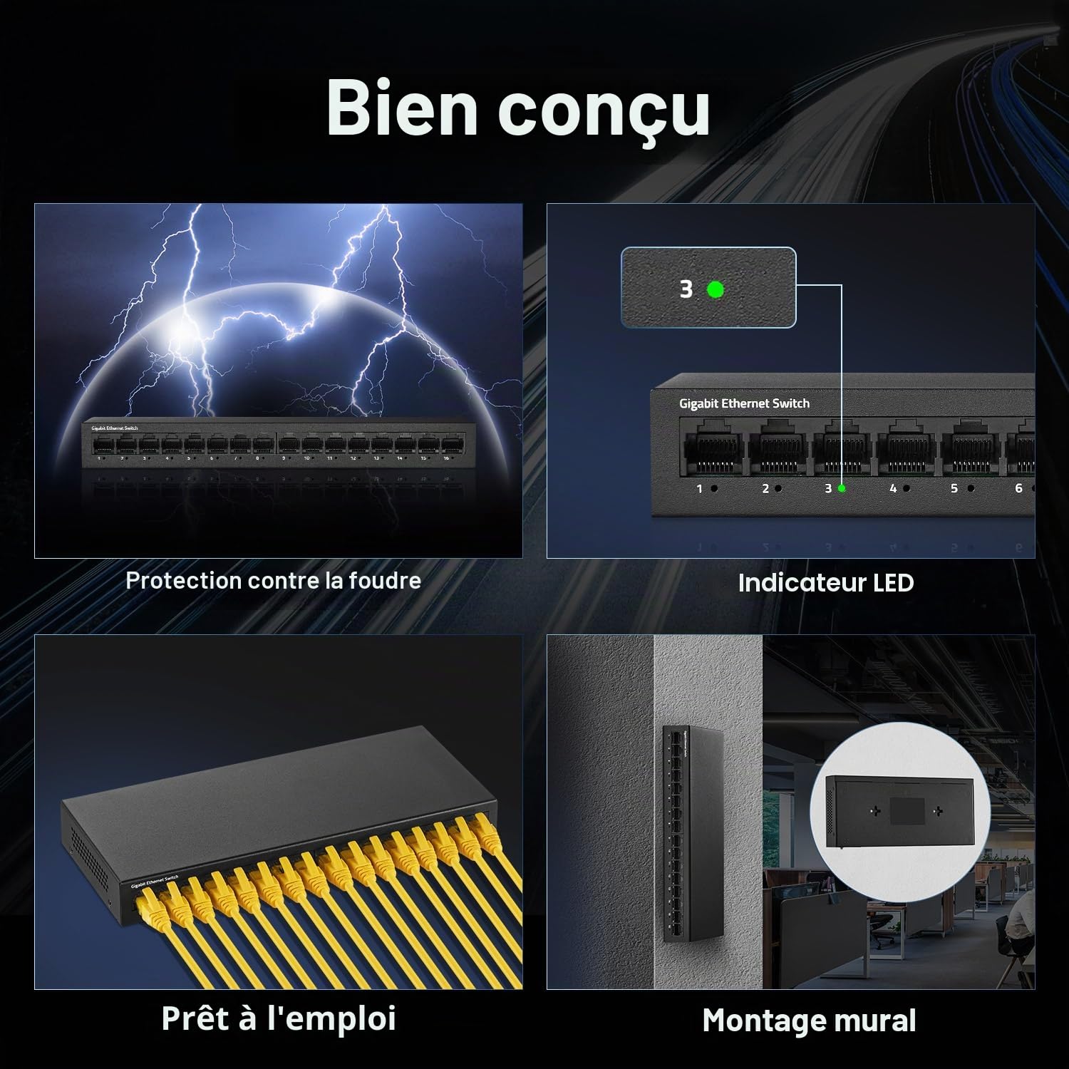 MokerLink Commutateur Gigabit Ethernet 16 ports, commutateur réseau plug-and-play non géré en métal sans ventilateur